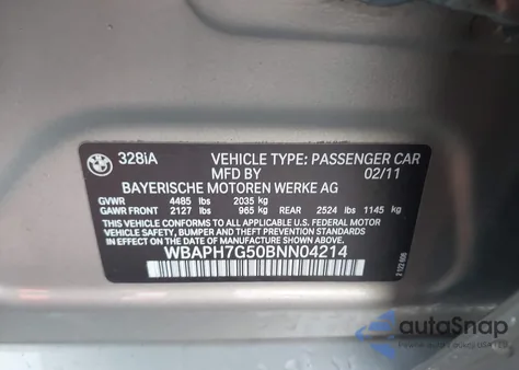 2011 BMW 328I from USA, damaged, VIN WBAPH7G50BNN04214